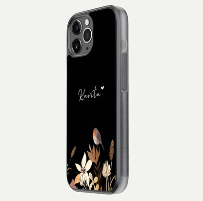 Quiet Garden Tune Custom Name Glass Case for iPhone 11 Pro Max floating dual-view mockup showing gloss and elegant detail