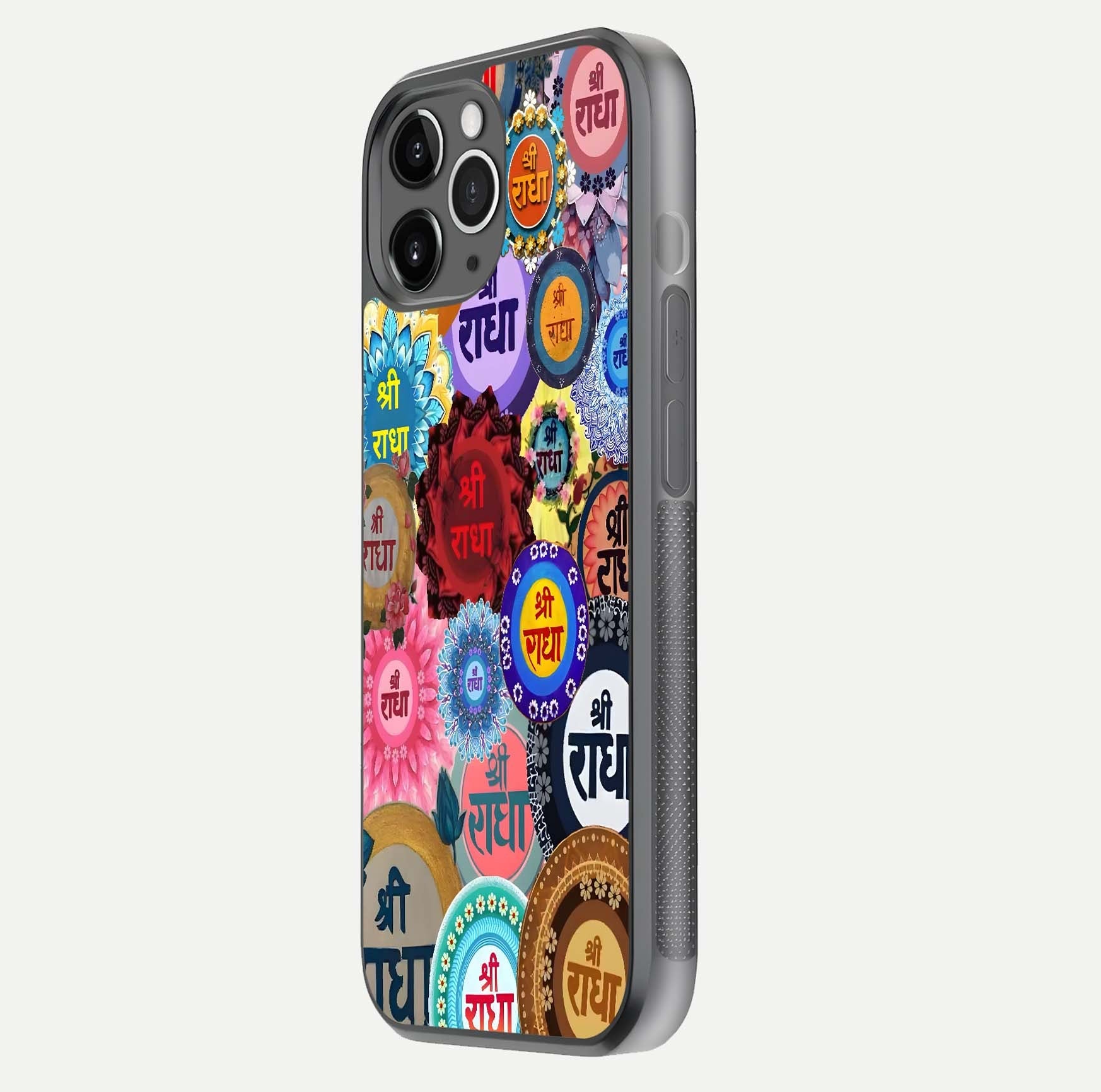 Radha Divine Bloom Glass Case for iPhone 11 Pro Max floating dual-view mockup showing gloss depth and HD art