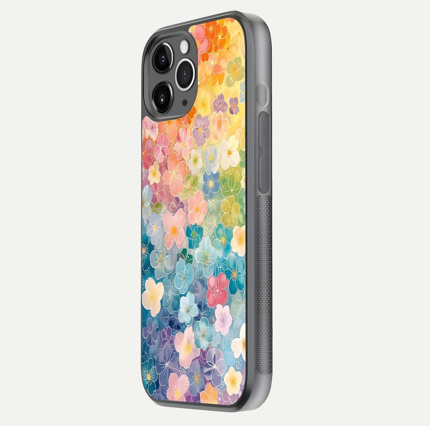 Rainbow Blossom Burst Glass Case for iPhone 11 Pro Max floating dual-view mockup displaying gloss and gradient pattern