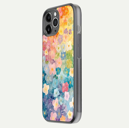 Rainbow Blossom Burst Glass Case for iPhone 11 Pro Max floating dual-view mockup displaying gloss and gradient pattern