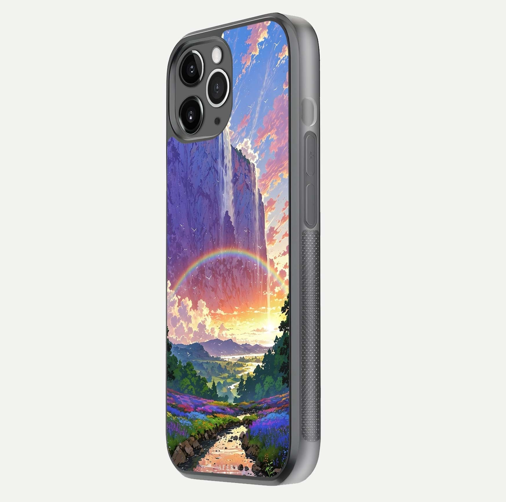 Rainbow Valley Dream Glass Case for iPhone 16 Pro floating dual-view mockup showing gloss texture and dream vibe