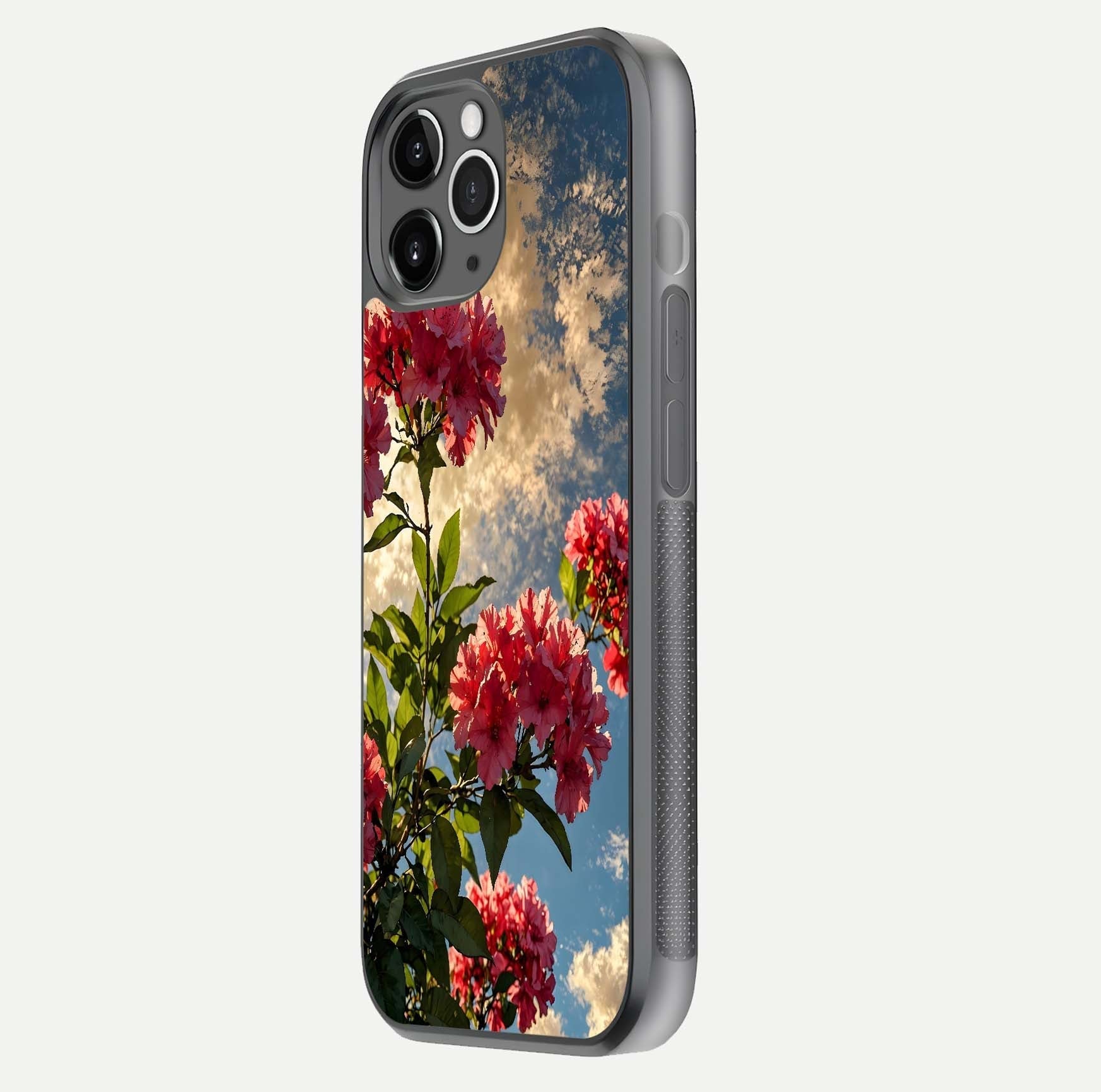 Red Bloom Skies Glass Case for iPhone 11 Pro Max floating dual-view mockup showing glass gloss and floral pattern