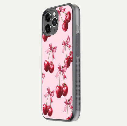 Red Cherries Pattern Glass Case for iPhone 11 Pro Max floating dual-view mockup showing gloss and color contrast