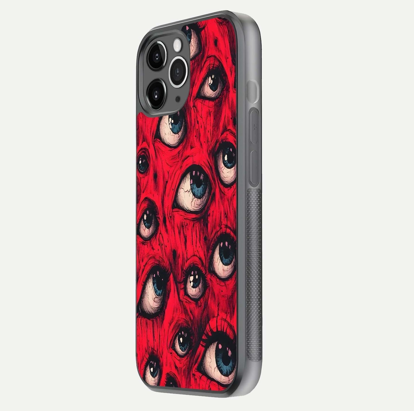 Red Eyes Pattern Glass Case for iPhone 11 Pro Max floating dual-view mockup displaying reflection and gloss texture
