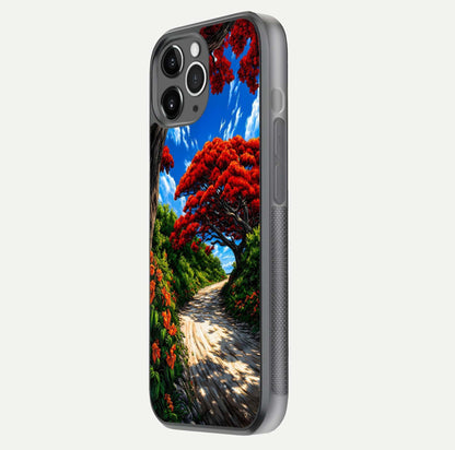 Red Trees Pathway Glass Case for iPhone 11 Pro Max floating dual-view mockup displaying gloss texture and print depth