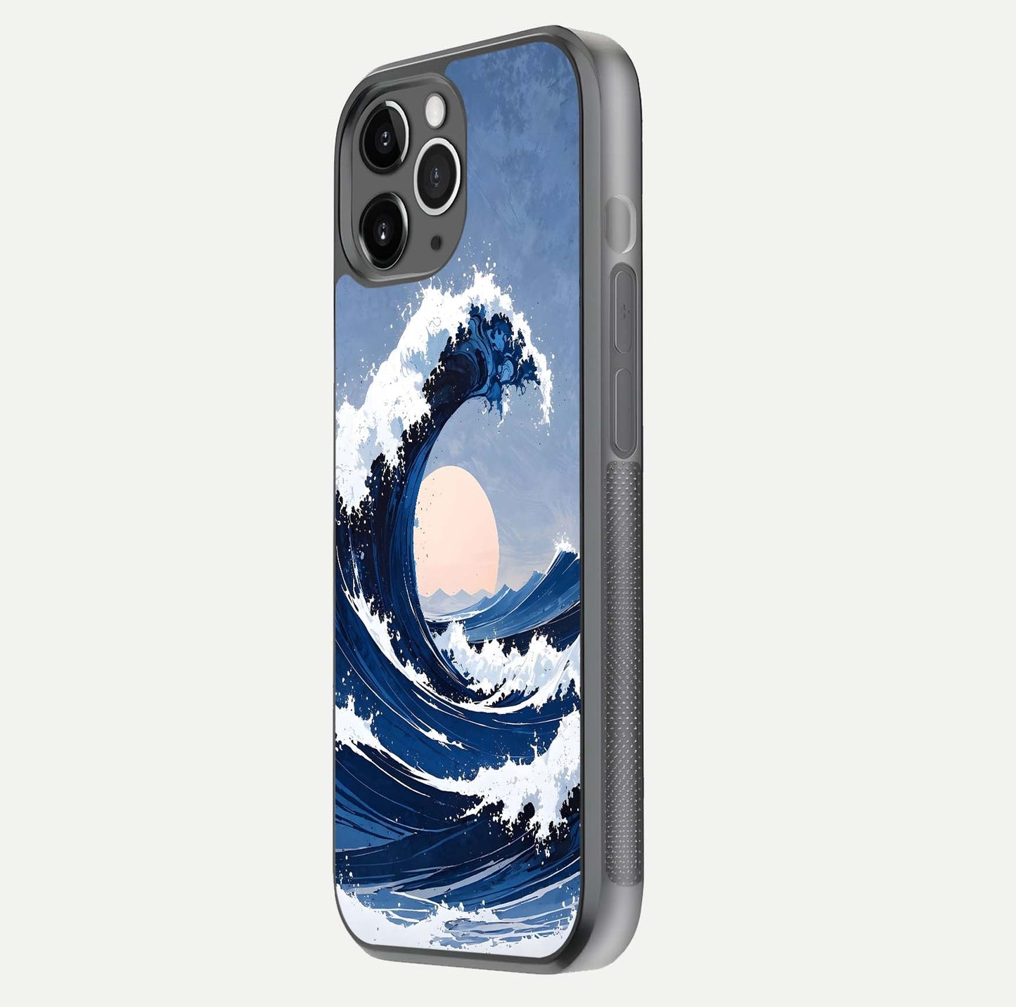 Rising Tide Power Glass Case for iPhone 11 Pro Max floating dual-view mockup displaying gloss texture and flow pattern