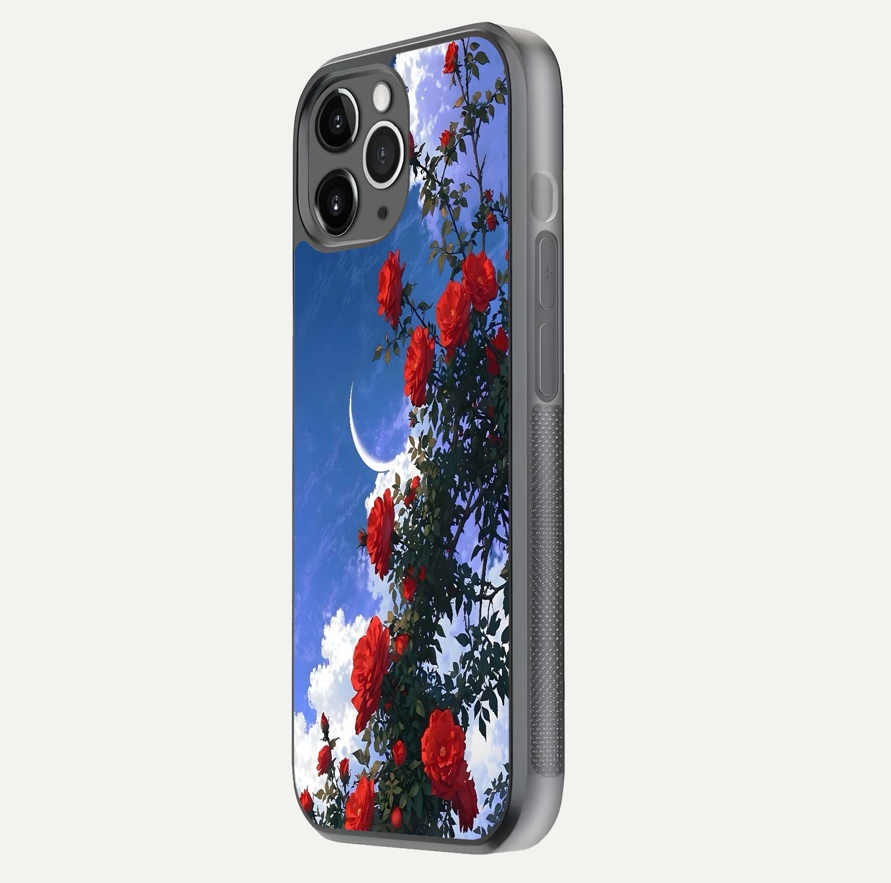 Rose Drift Flowers Glass Case for iPhone 11 Pro Max floating dual-view mockup showing gloss shine and floral tone