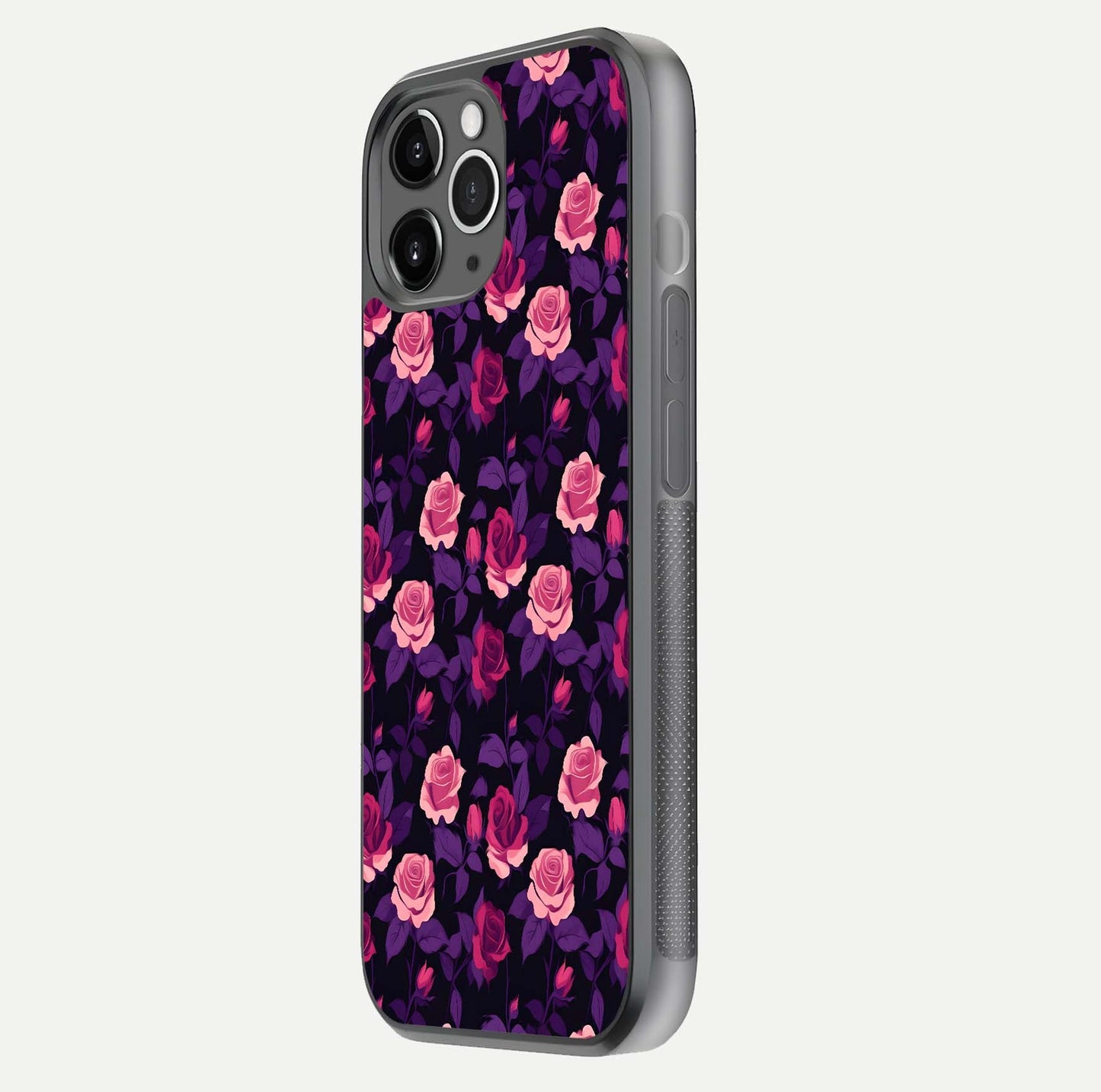 Rose Garden Twilight Glass Case for iPhone 11 Pro Max floating dual-view mockup displaying gloss surface and depth