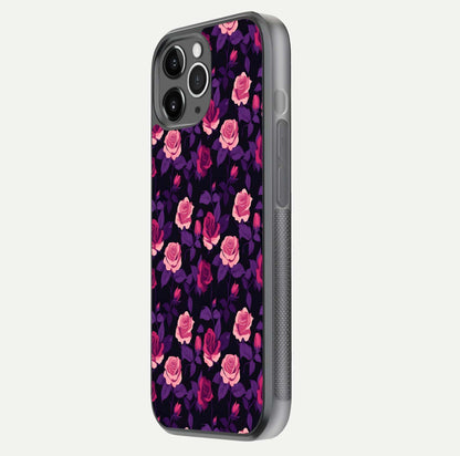 Rose Garden Twilight Glass Case for iPhone 11 Pro Max floating dual-view mockup displaying gloss surface and depth