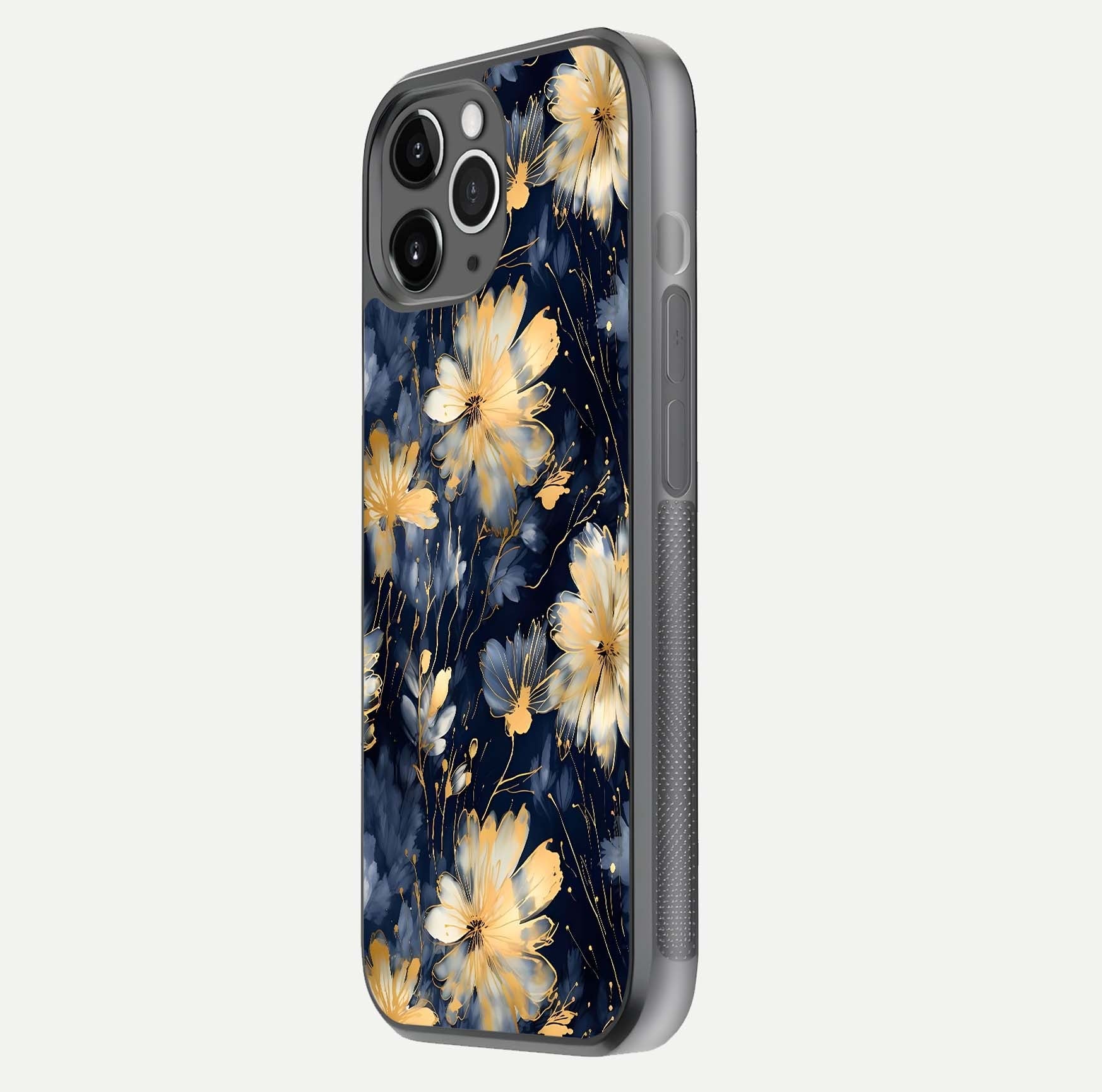 Royal Petal Dream Glass Case for iPhone 11 Pro Max floating dual-view mockup displaying gloss reflection and tone contrast