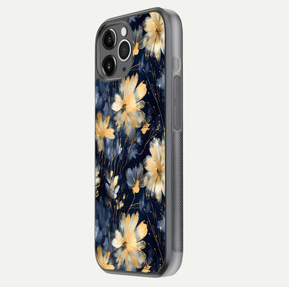 Royal Petal Dream Glass Case for iPhone 11 Pro Max floating dual-view mockup displaying gloss reflection and tone contrast