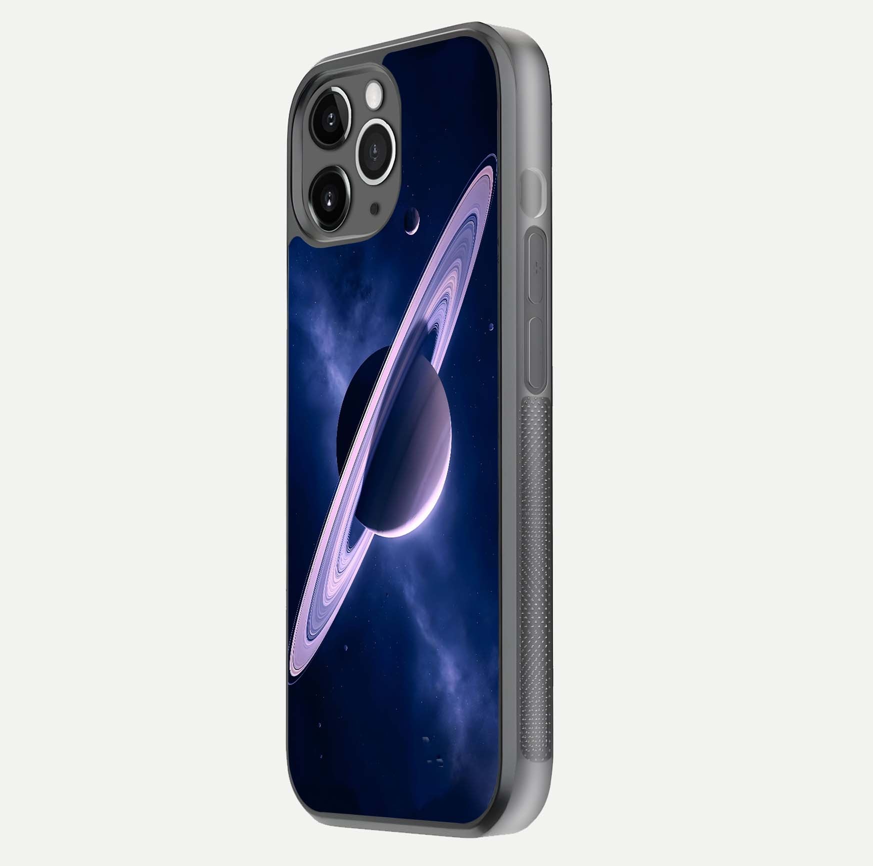 Saturn Ring Mystique Glass Case for iPhone 11 Pro Max floating dual-view mockup showing gloss finish and star detail