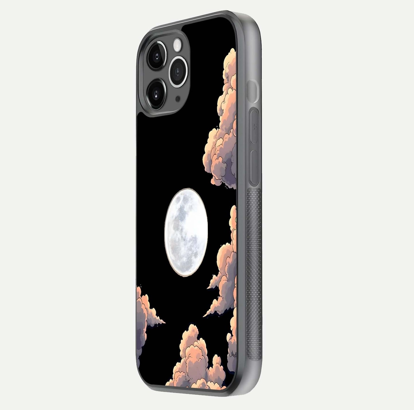 Shade Cloud Moon Glass Case for iPhone 11 Pro Max floating dual-view mockup showing gloss and celestial texture