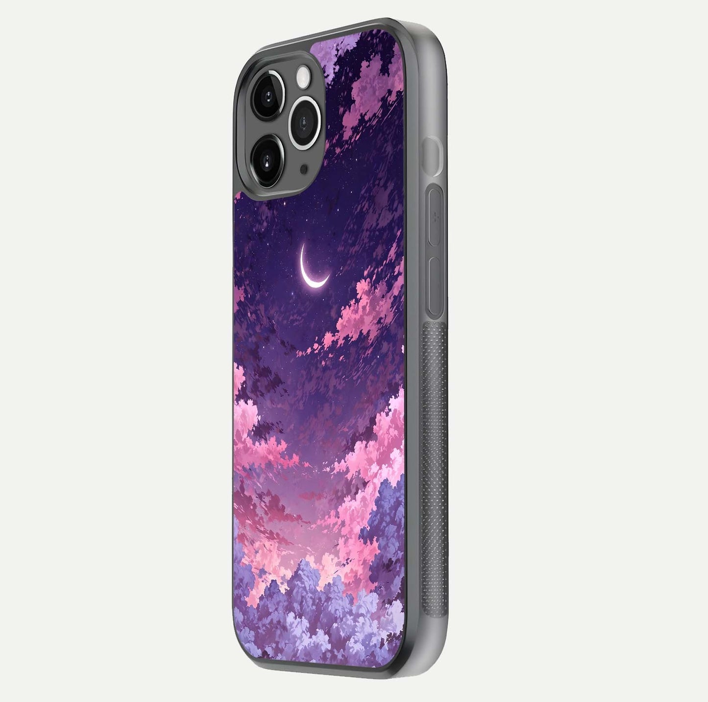 Sky Drift Clouds Glass Case for iPhone 11 Pro Max floating dual-view mockup displaying gloss shine and depth