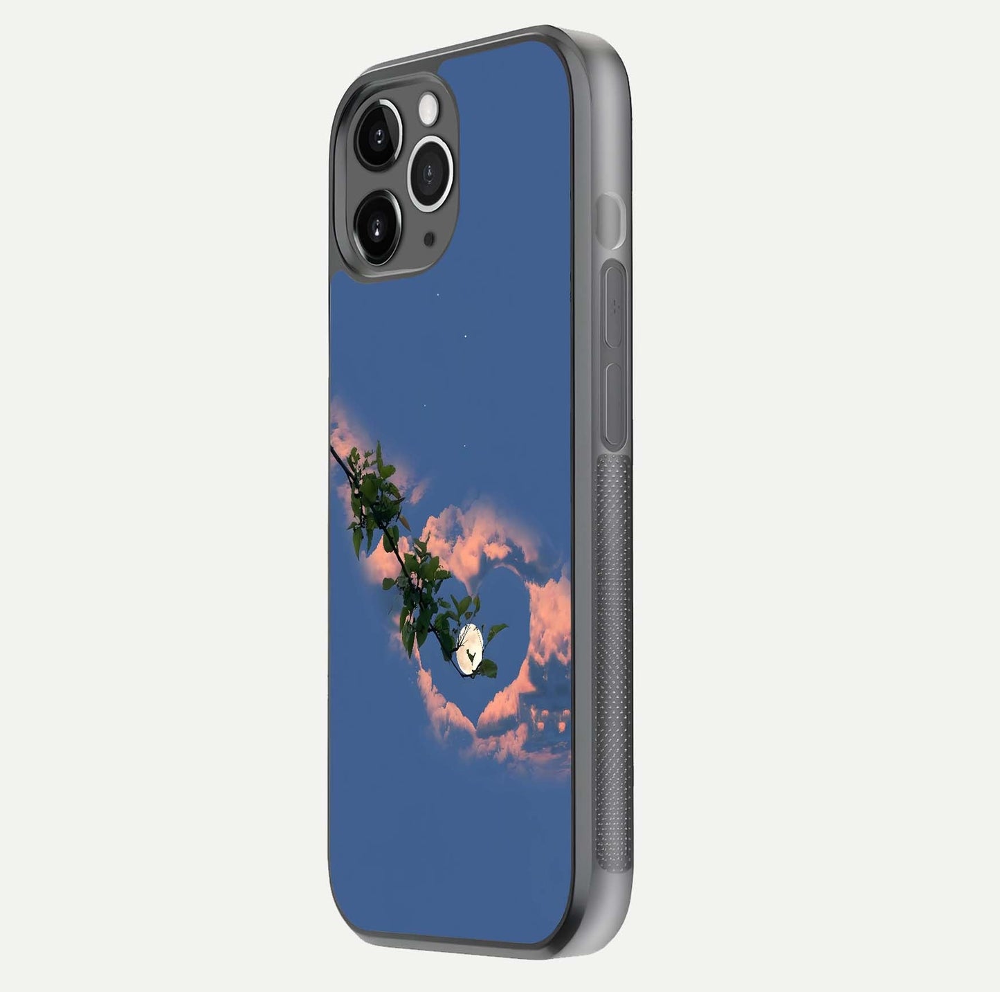Sky Under Tree Glass Case for iPhone 11 Pro Max floating dual-view mockup displaying gloss reflection and landscape tone