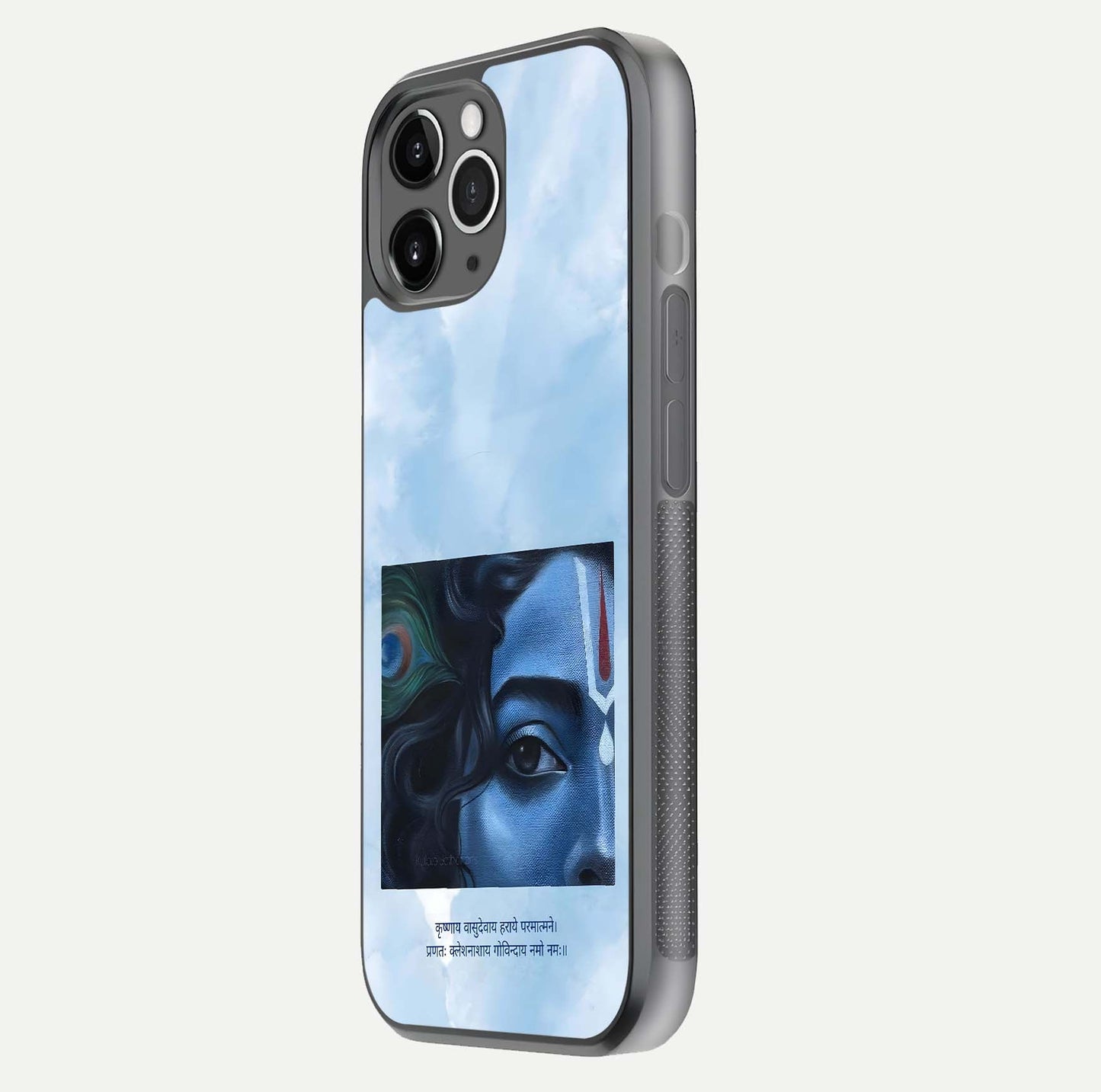 Spiritual Krishna Glass Case for iPhone 16 Pro floating dual-view mockup displaying gloss shine and divine detail