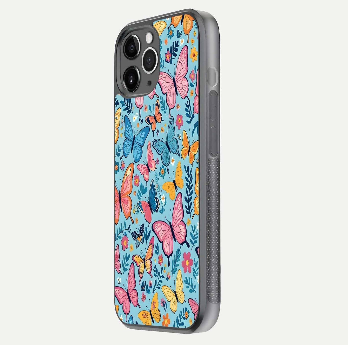 Spring Wing Garden Glass Case for iPhone 11 Pro Max floating dual-view mockup showing gloss texture and vivid print