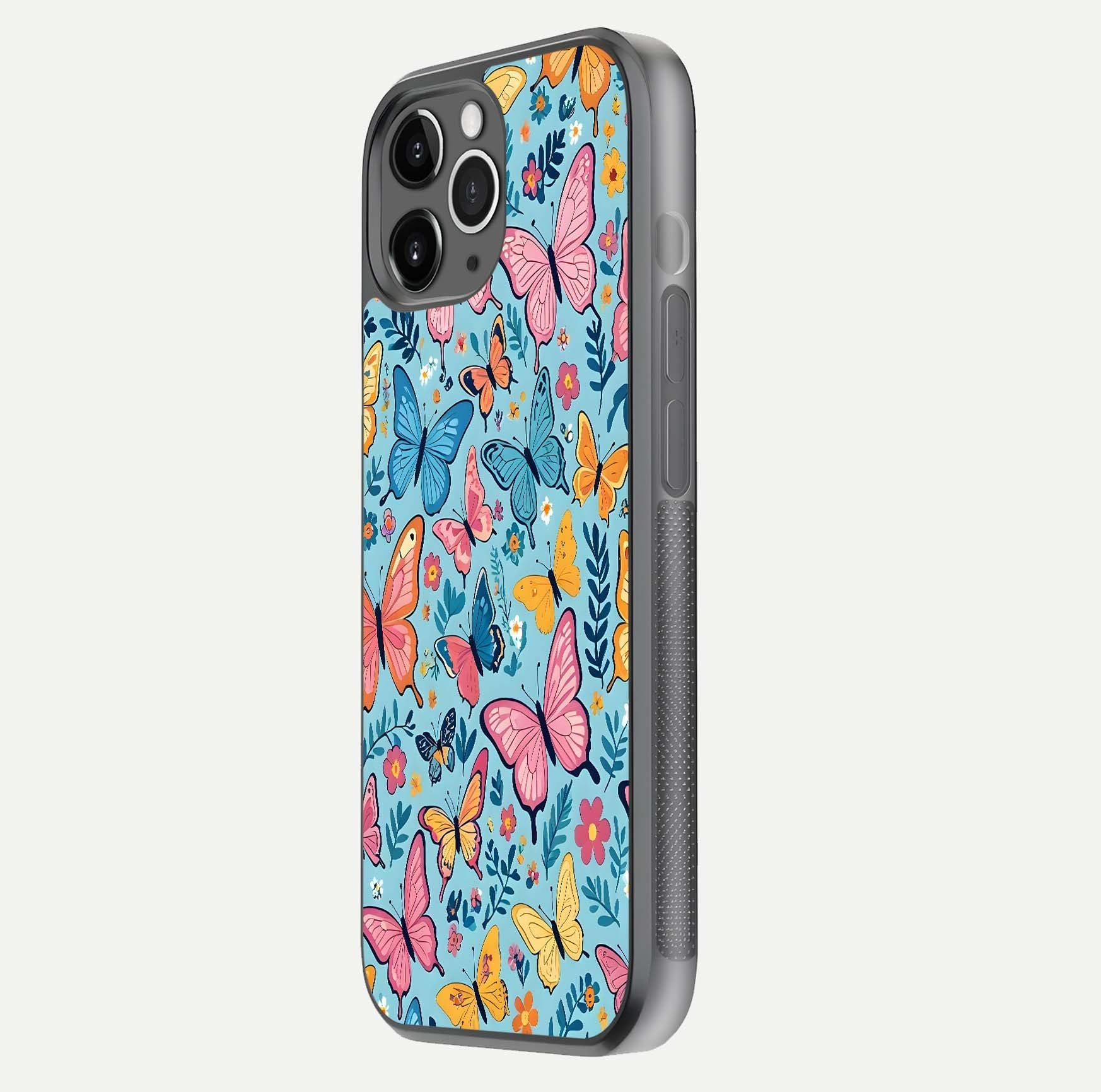 Spring Wing Garden Glass Case for iPhone 11 Pro Max floating dual-view mockup showing gloss texture and vivid print