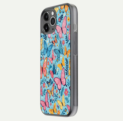 Spring Wing Garden Glass Case for iPhone 11 Pro Max floating dual-view mockup showing gloss texture and vivid print