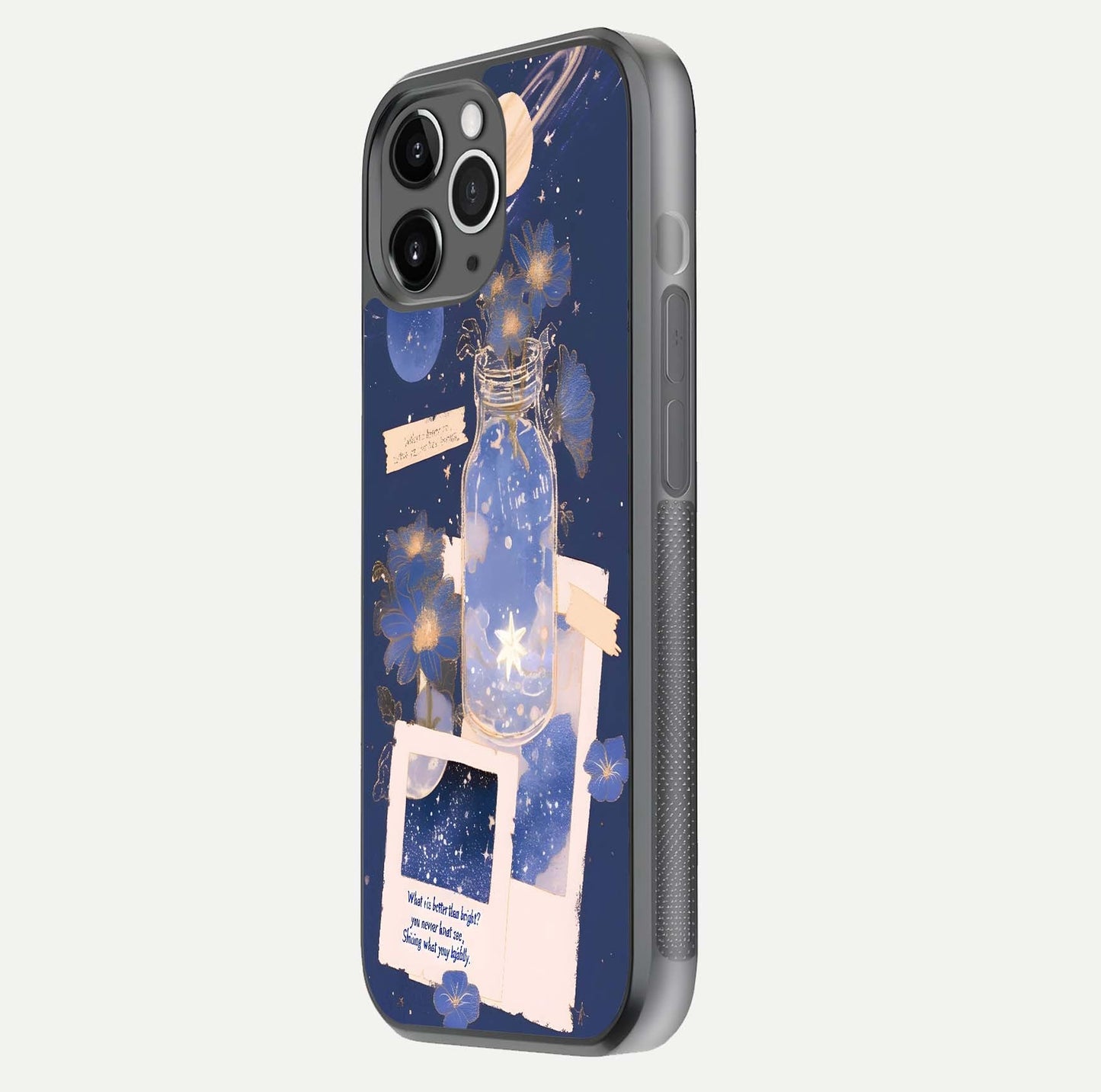 Starlit Cosmic Jar Glass Case for iPhone 11 Pro Max floating dual-view mockup displaying gloss and starry depth