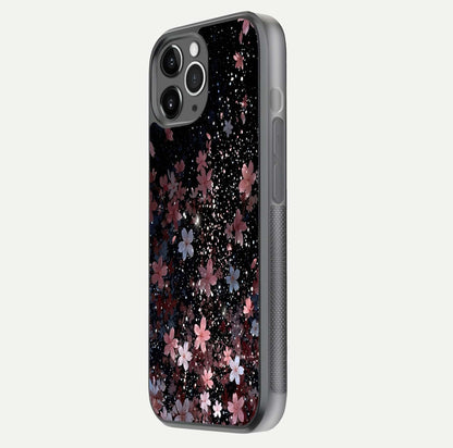 Starlit Flower Dreams Glass Case for iPhone 11 Pro Max floating dual-view mockup displaying gloss and print clarity