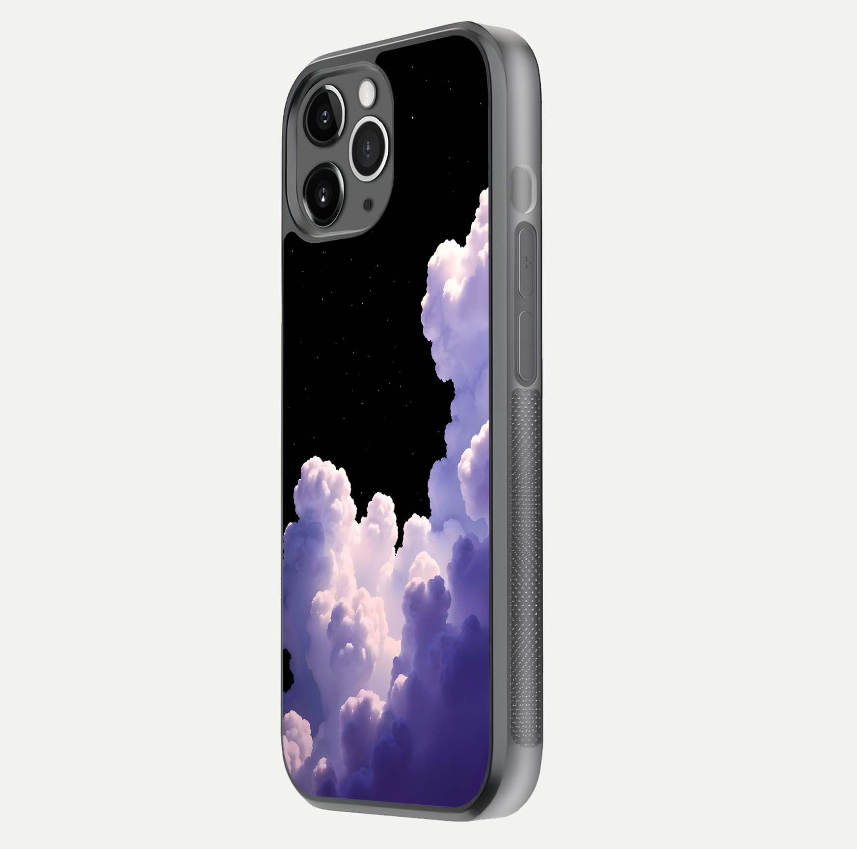 Starlit Night Whispers Glass Case for iPhone 11 Pro Max floating dual-view mockup displaying gloss surface and depth