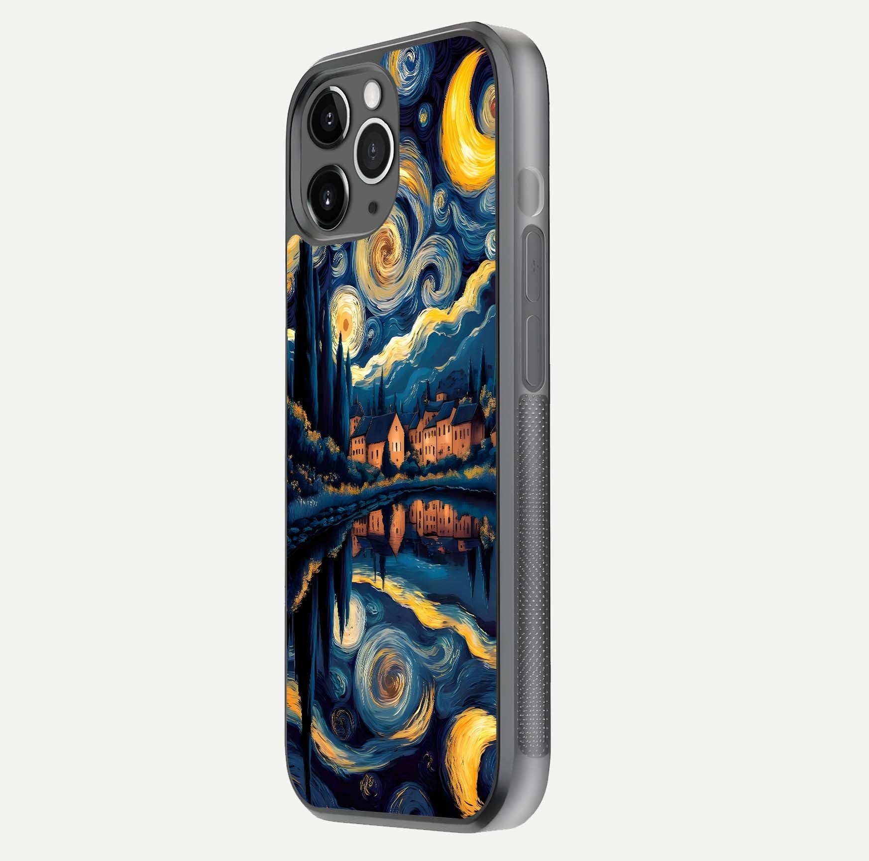 Starry Sky Serenity Glass Case for iPhone 11 Pro Max floating dual-view mockup displaying gloss texture and shine