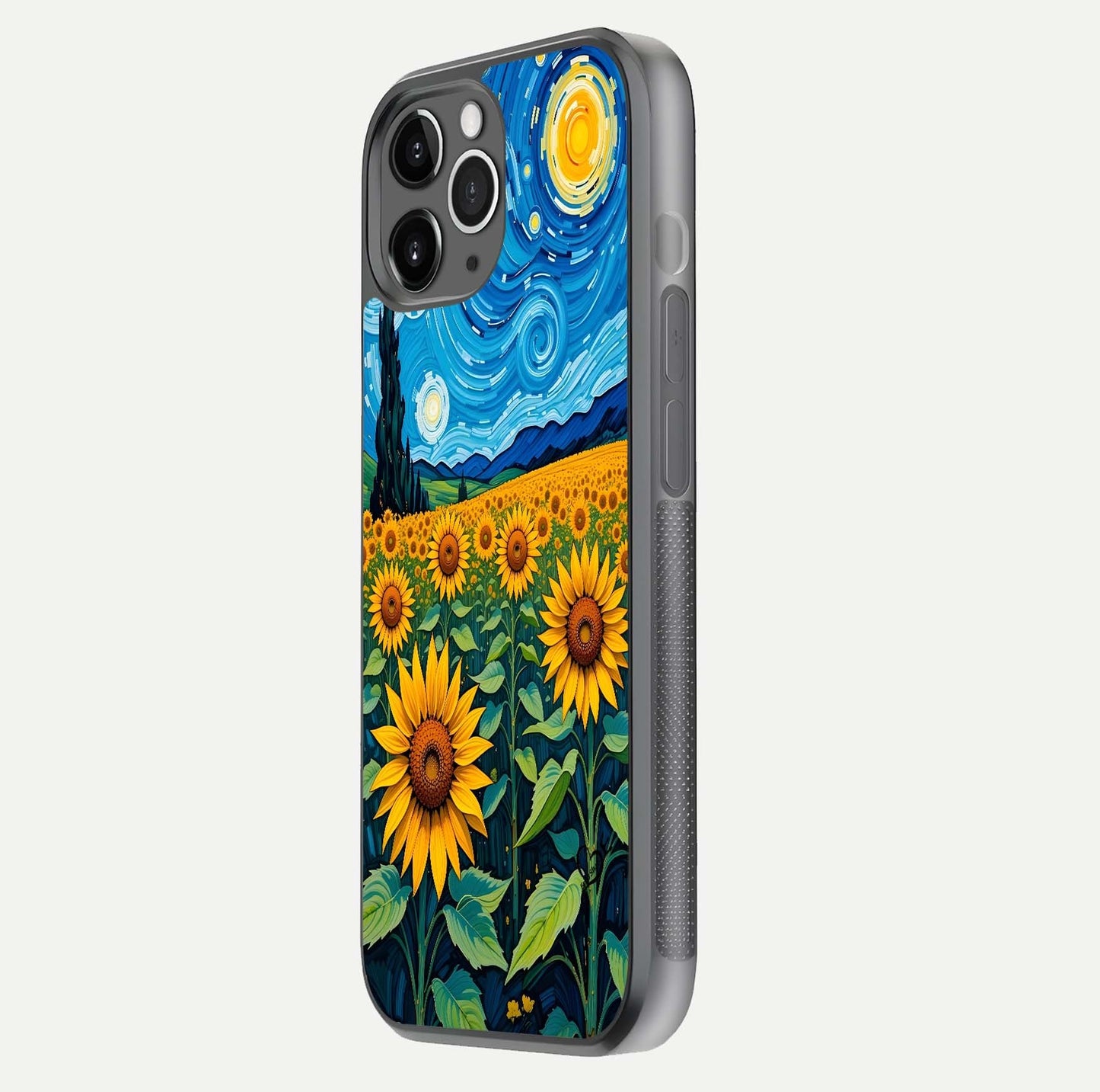 Starry Sunflower Dreams Glass Case for iPhone 11 Pro Max floating dual-view mockup displaying gloss and vivid print