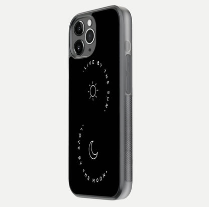 Sun Moon Balance Glass Case for iPhone 11 Pro Max floating dual-view mockup displaying gloss surface and edge clarity