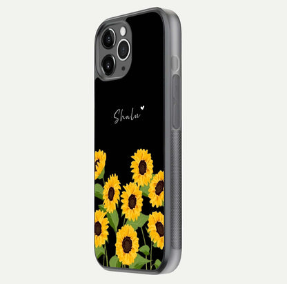 Sunflower Chic Mood Custom Name Glass Case for iPhone 16 Pro floating dual-view mockup displaying gloss texture and detail