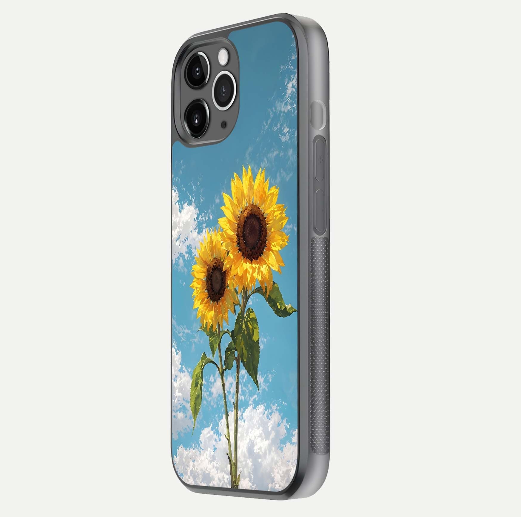 Sunflower Sky Bloom Glass Case for iPhone 11 Pro Max floating dual-view mockup displaying gloss shine and vibrant texture