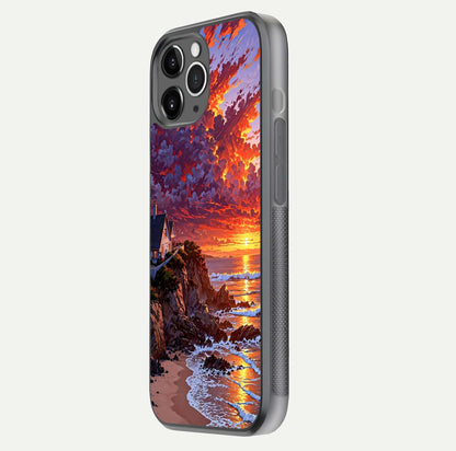Sunset House by Sea Glass Case for iPhone 11 Pro Max floating dual-view mockup displaying gloss shine and depth