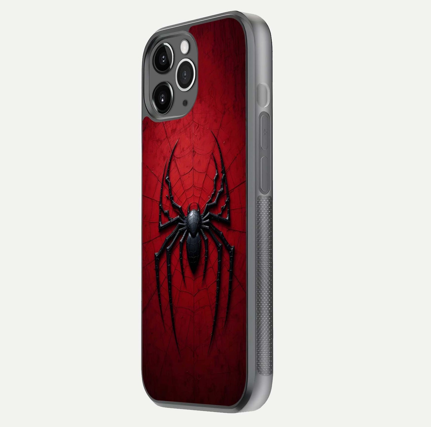 Venom Web Emblem Glass Case for iPhone 11 Pro Max floating dual-view mockup displaying gloss shine and HD print