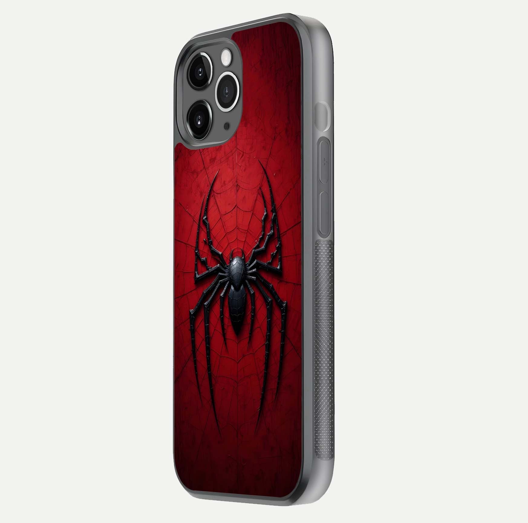 Venom Web Emblem Glass Case for iPhone 11 Pro Max floating dual-view mockup displaying gloss shine and HD print