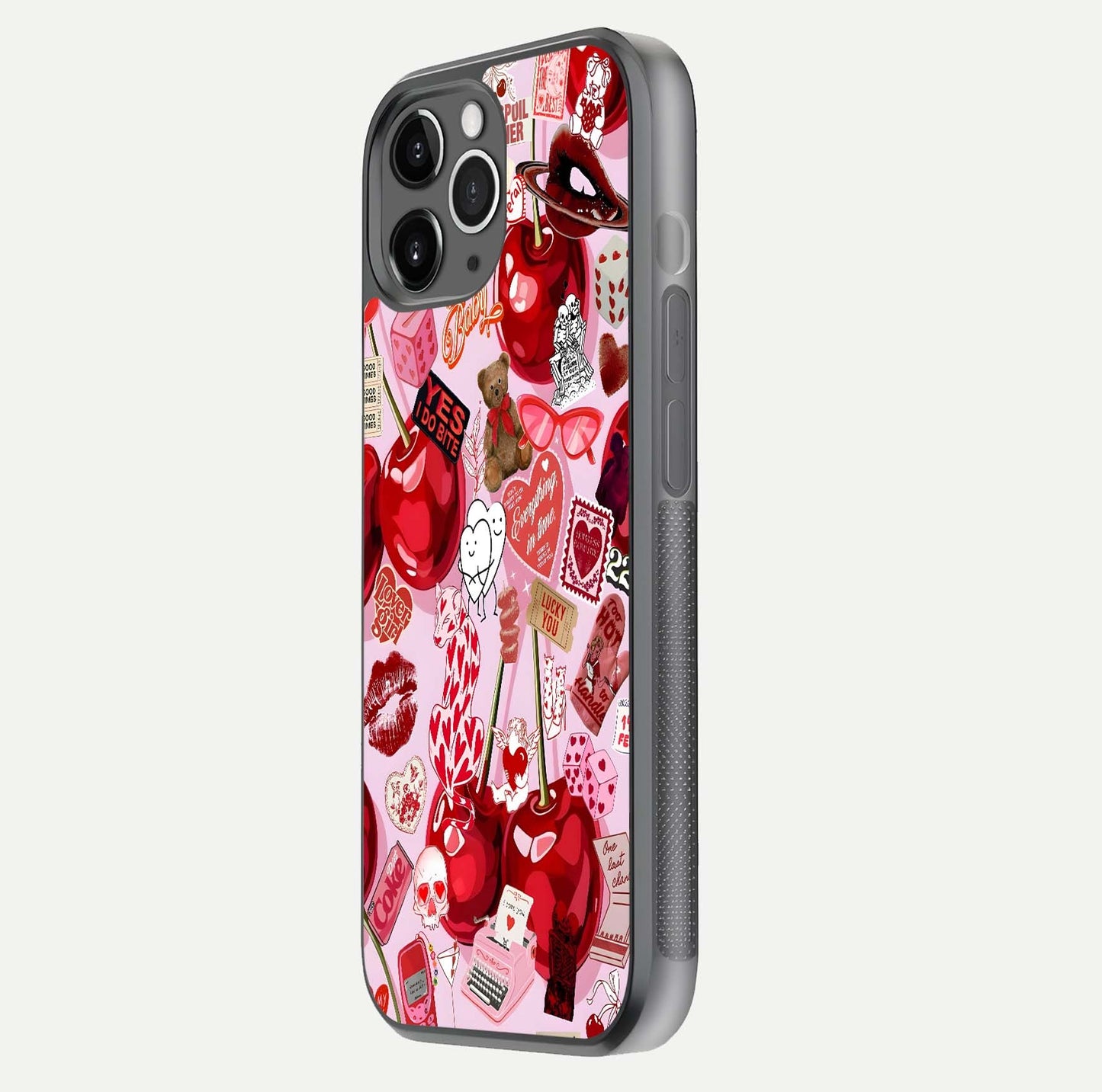 Sweet Cherry Chaos Glass Case for iPhone 11 Pro Max floating dual-view mockup displaying gloss surface and depth