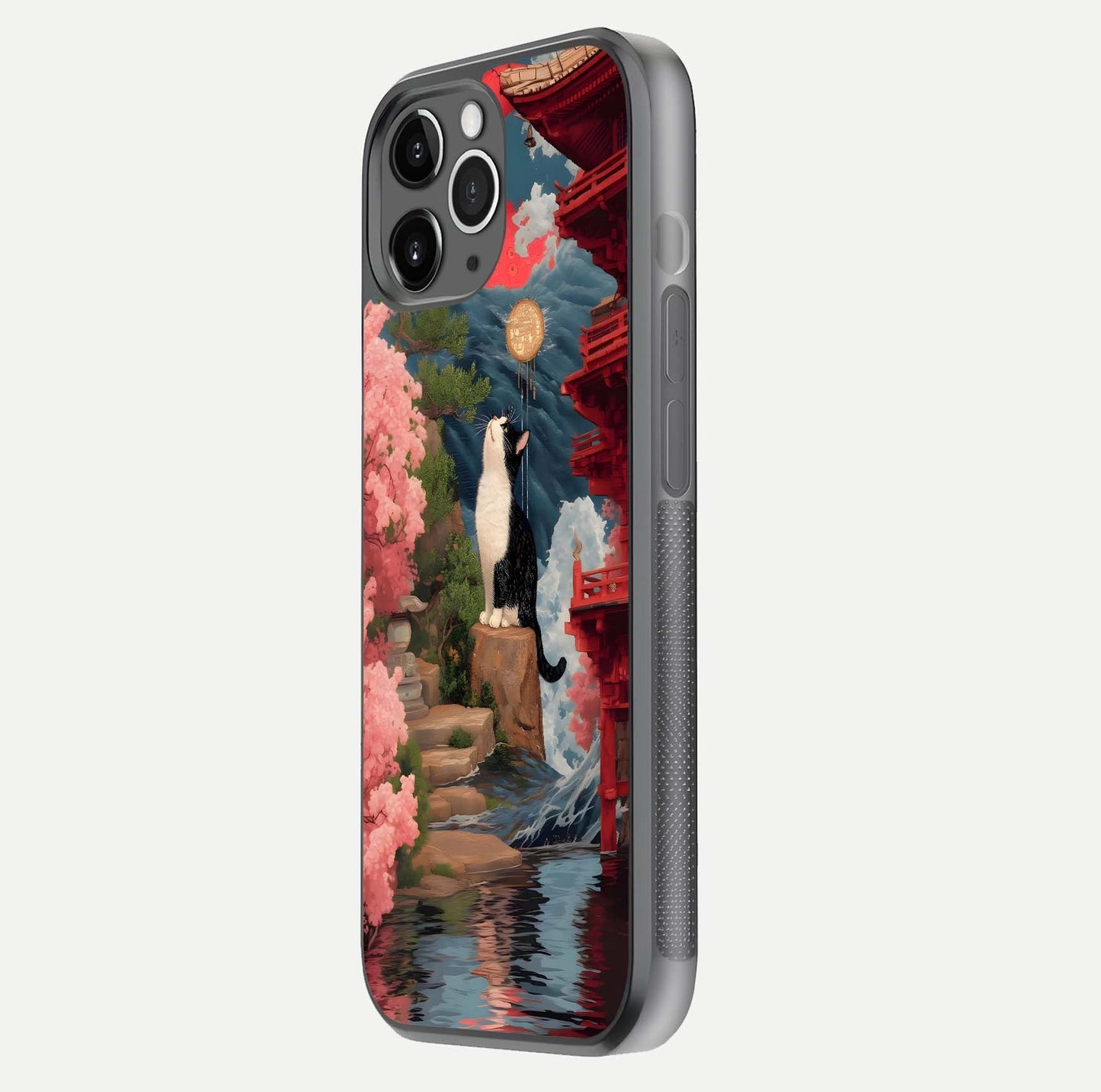 Temple Cat Scenery Glass Case for iPhone 11 Pro Max floating dual-view mockup displaying gloss and depth detail