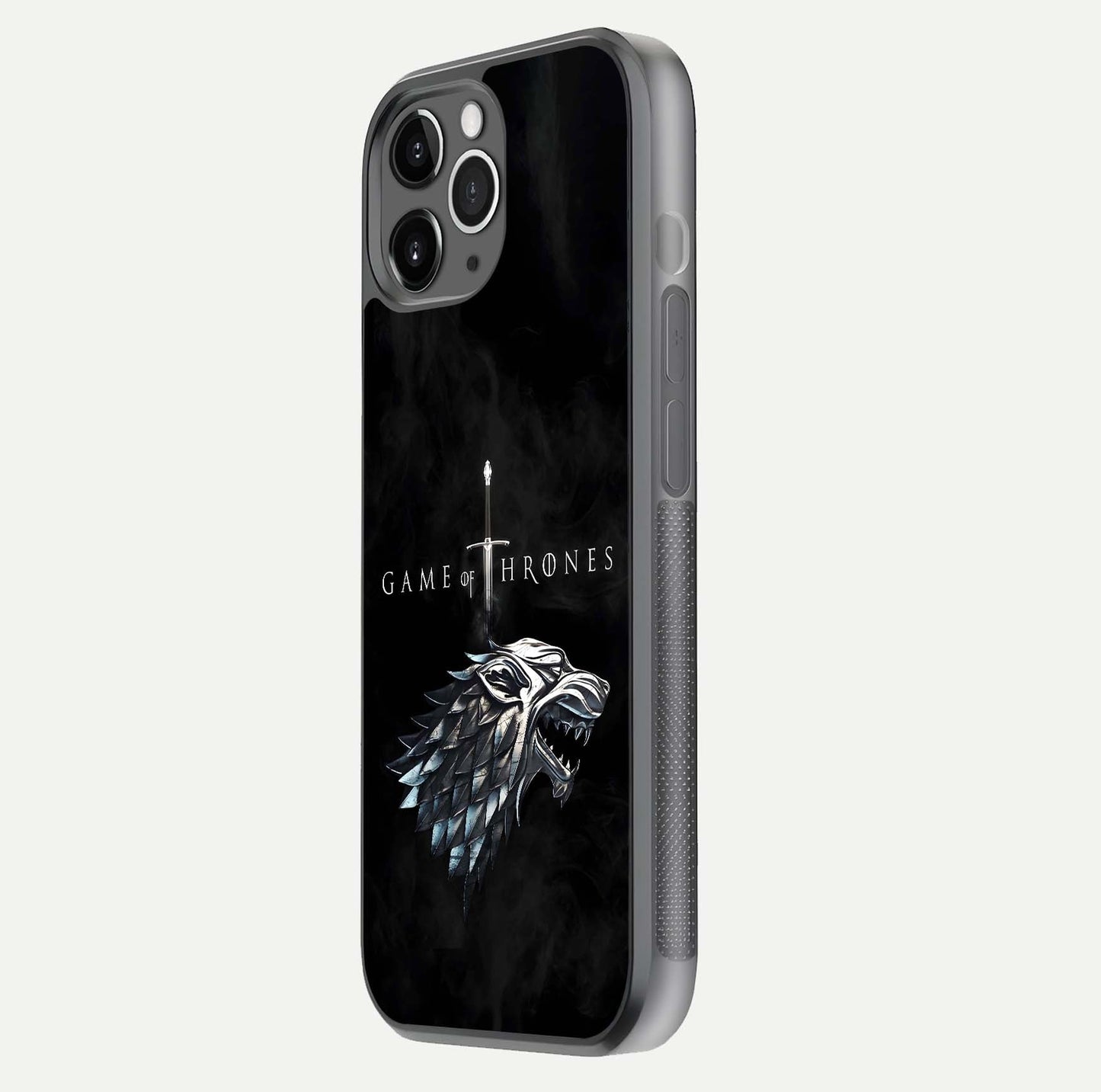 Throne Wolf Legacy Glass Case for iPhone 11 Pro Max floating dual-view mockup displaying gloss depth and wolf artwork