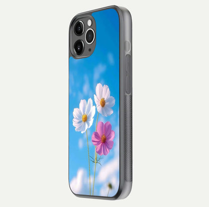 Triple Flowers With Sky Glass Case for iPhone 11 Pro Max floating dual-view mockup displaying gloss and soft hues