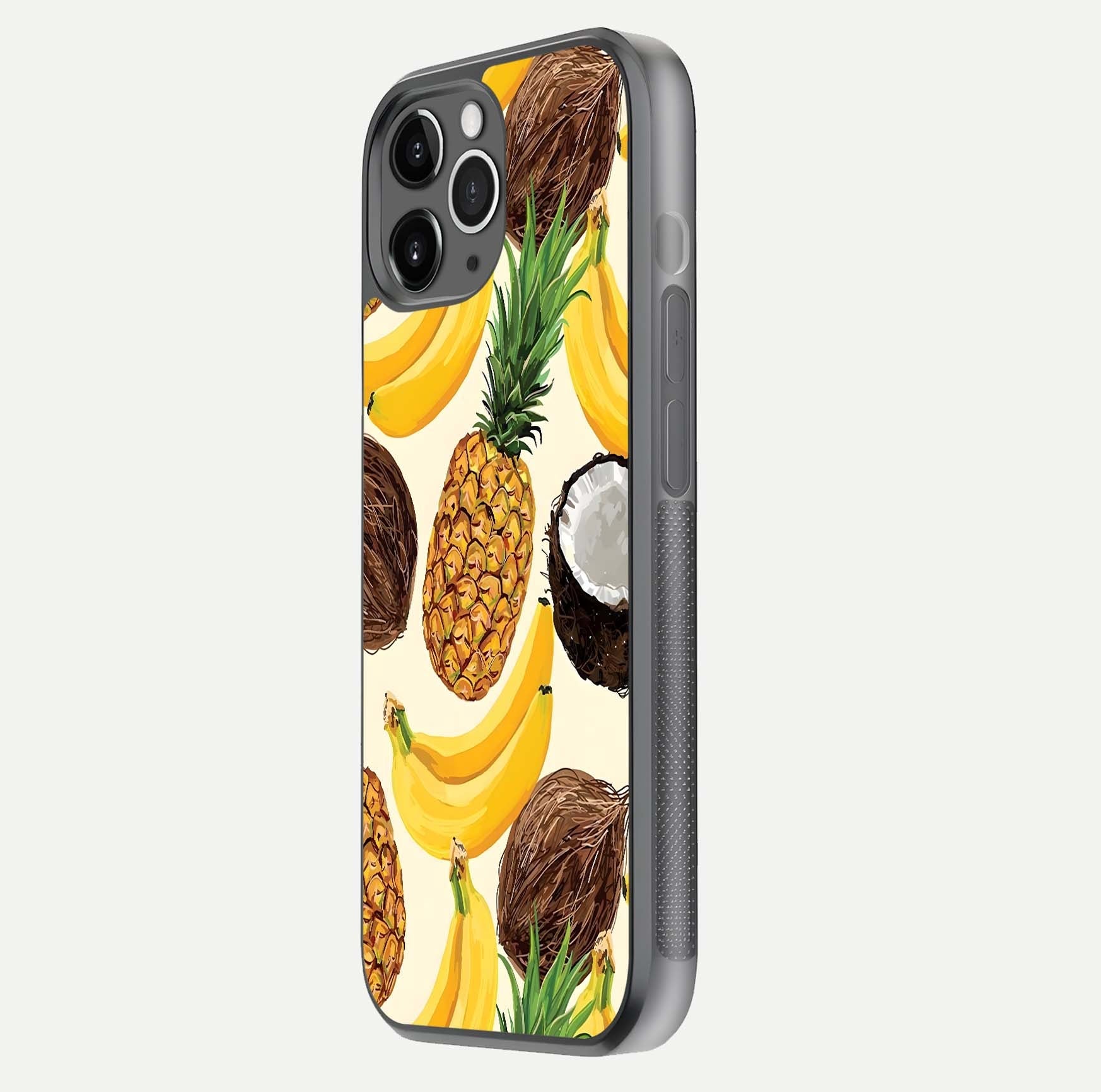 Tropical Fruit Mood Glass Case for iPhone 11 Pro Max floating dual-view mockup displaying gloss and vibrant colors