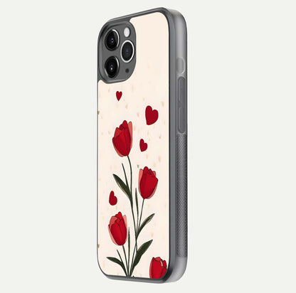Tulip With Heart Glass Case for iPhone 11 Pro Max floating dual-view mockup displaying gloss texture and shine