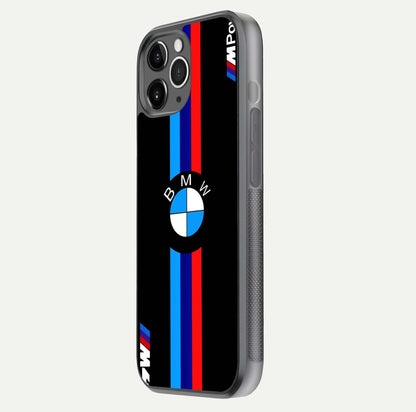 Turbo BMW Beast Glass Case for iPhone 11 Pro Max floating dual-view mockup displaying gloss texture and vivid print