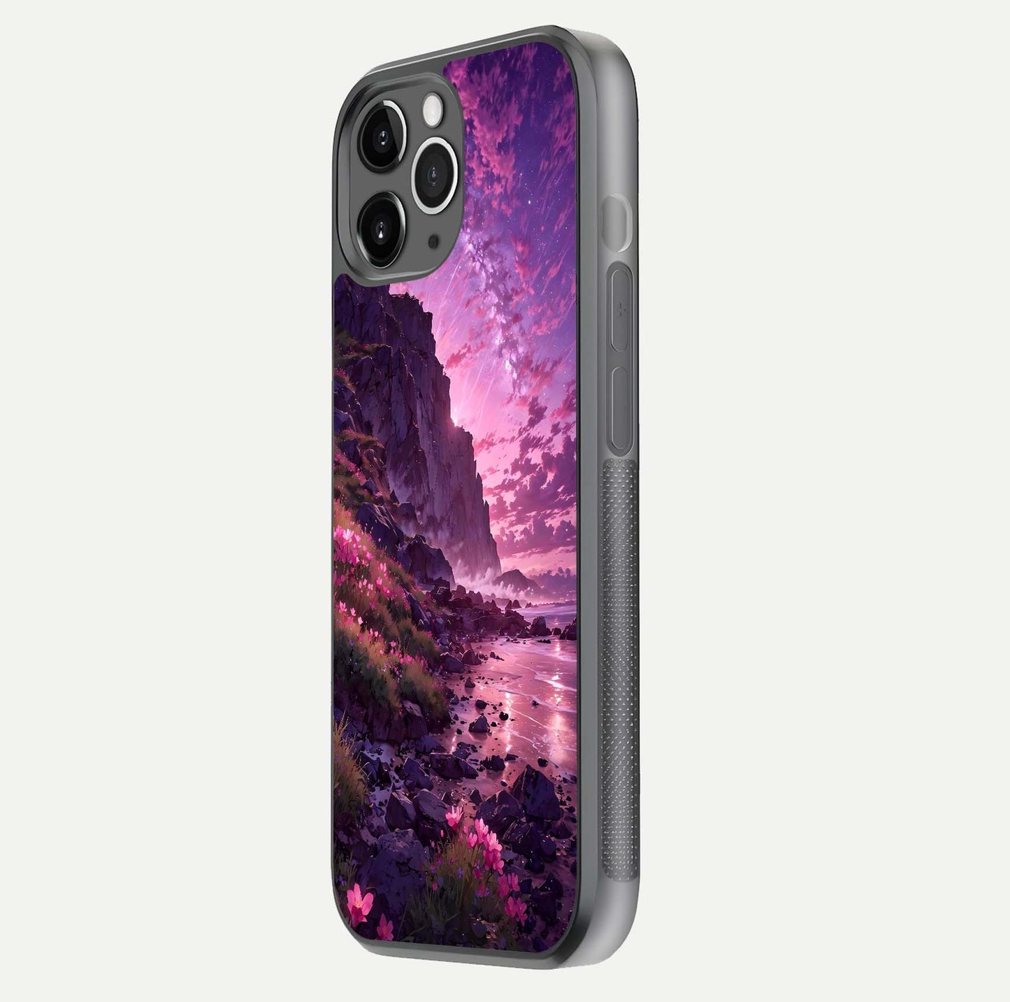 Twilight Blossom Coast Glass Case for iPhone 11 Pro Max floating dual-view mockup displaying gloss surface and detail