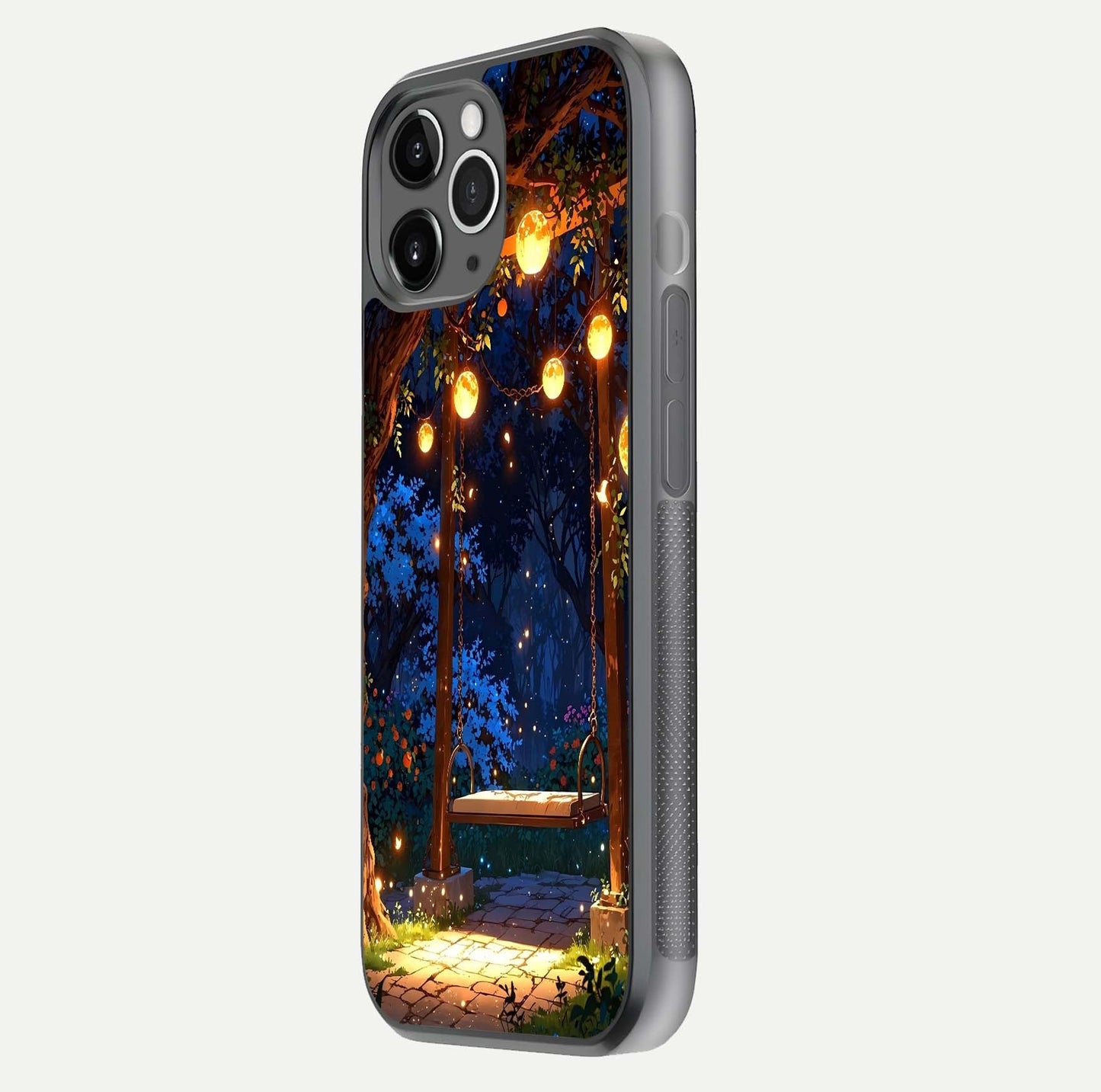 Twilight Garden Swing Glass Case for iPhone 11 Pro Max floating dual-view mockup displaying gloss and tone balance