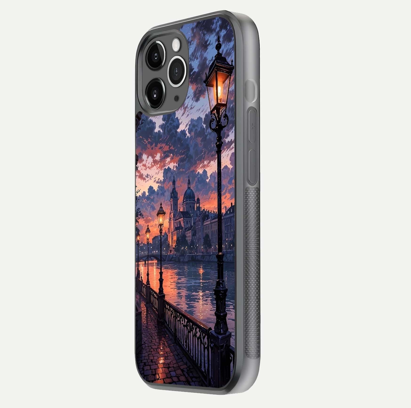 Twilight River Lights Glass Case for iPhone 11 Pro Max floating dual-view mockup displaying gloss shine and vivid details