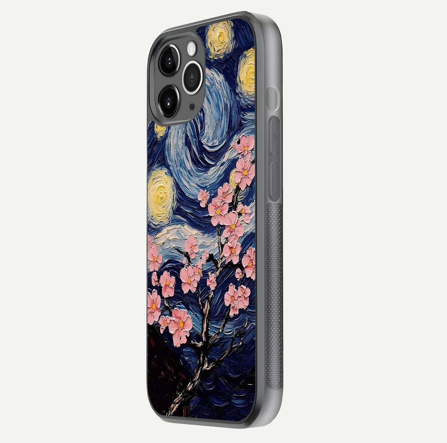 Van Gogh Scenery Glass Case for iPhone 11 Pro Max floating dual-view mockup displaying gloss reflection and HD quality