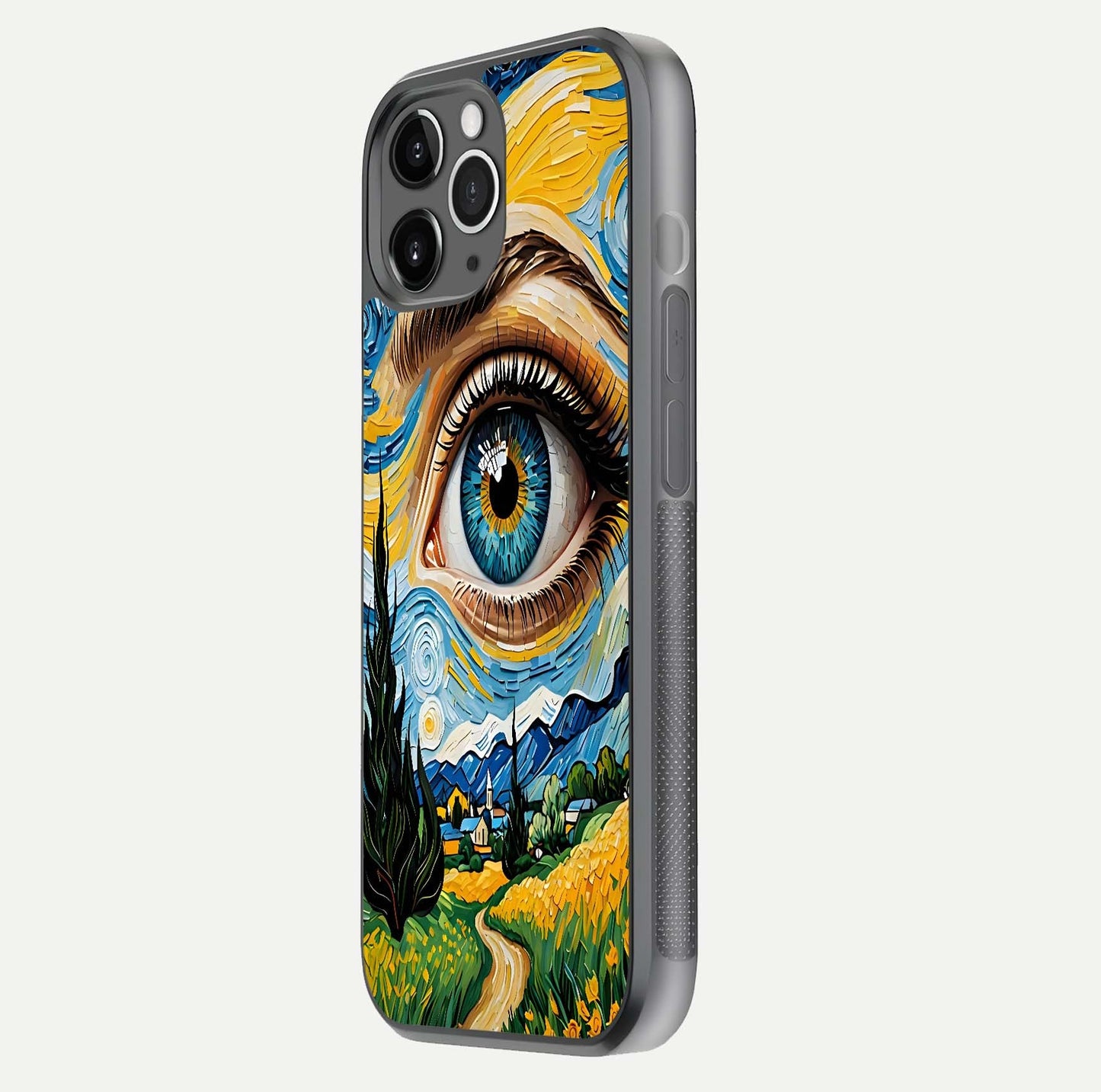 Van Gogh Eye Glass Case for iPhone 16 Pro floating dual-view mockup displaying gloss texture and depth