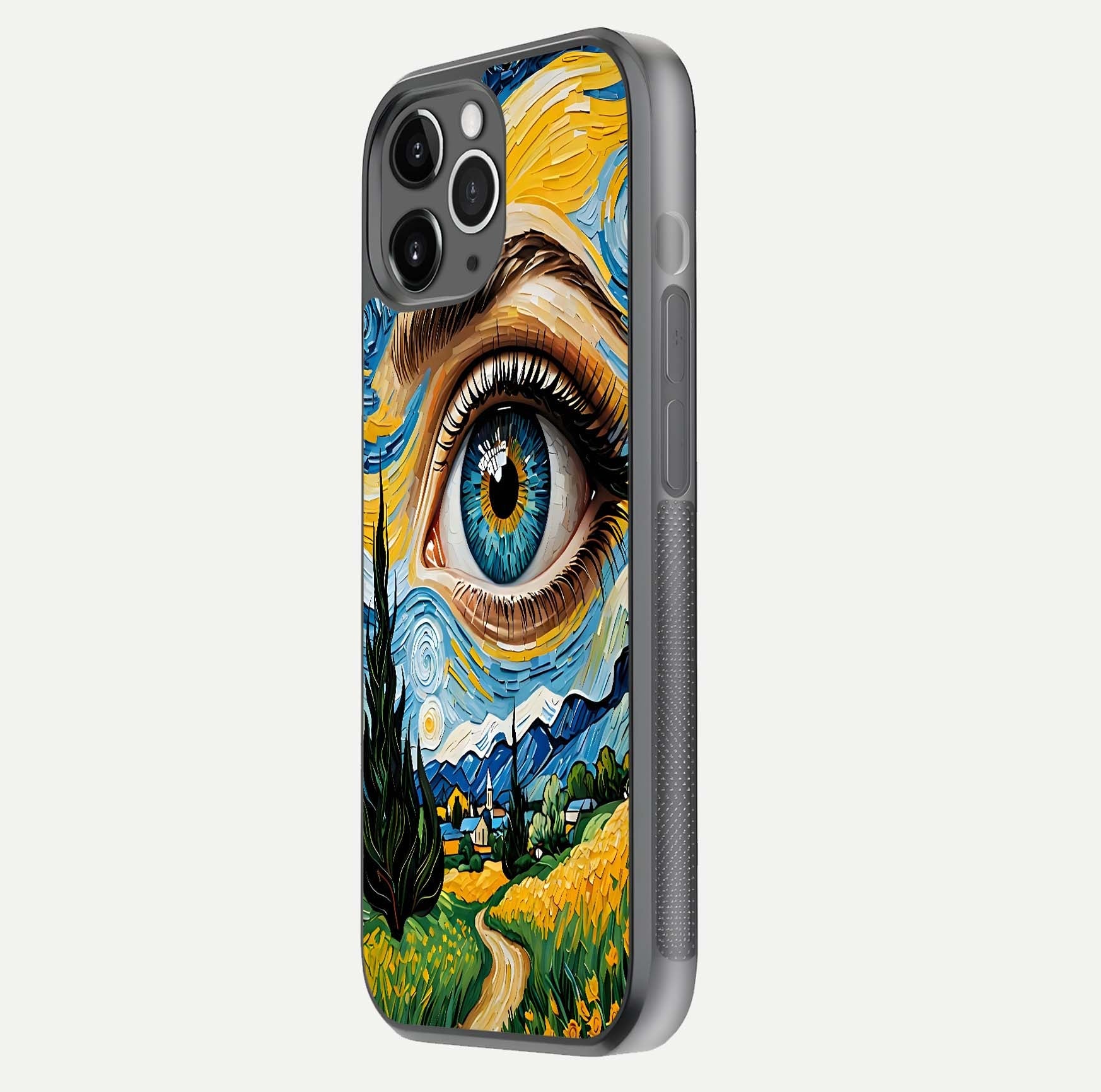 Van Gogh Eye Glass Case for iPhone 16 Pro floating dual-view mockup displaying gloss texture and depth