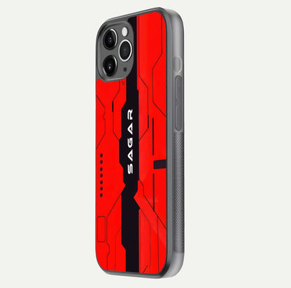 Voltage Rise CYBERPUNK Custom Name Glass Case for iPhone 11 Pro Max floating dual-view mockup displaying gloss shine and lighting