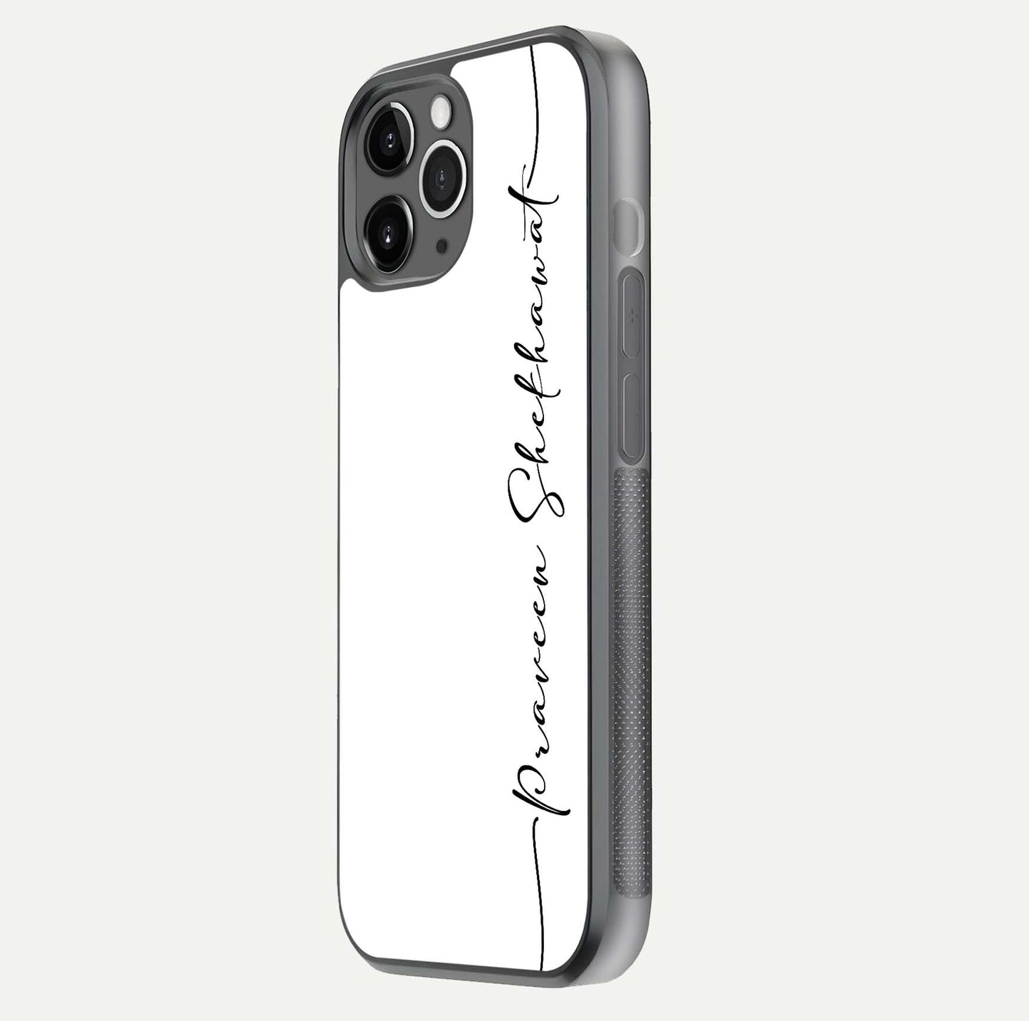 White Tune Custom Name Glass Case for iPhone 11 Pro Max floating dual-view mockup displaying gloss and HD detail