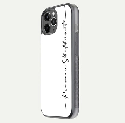 White Tune Custom Name Glass Case for iPhone 11 Pro Max floating dual-view mockup displaying gloss and HD detail
